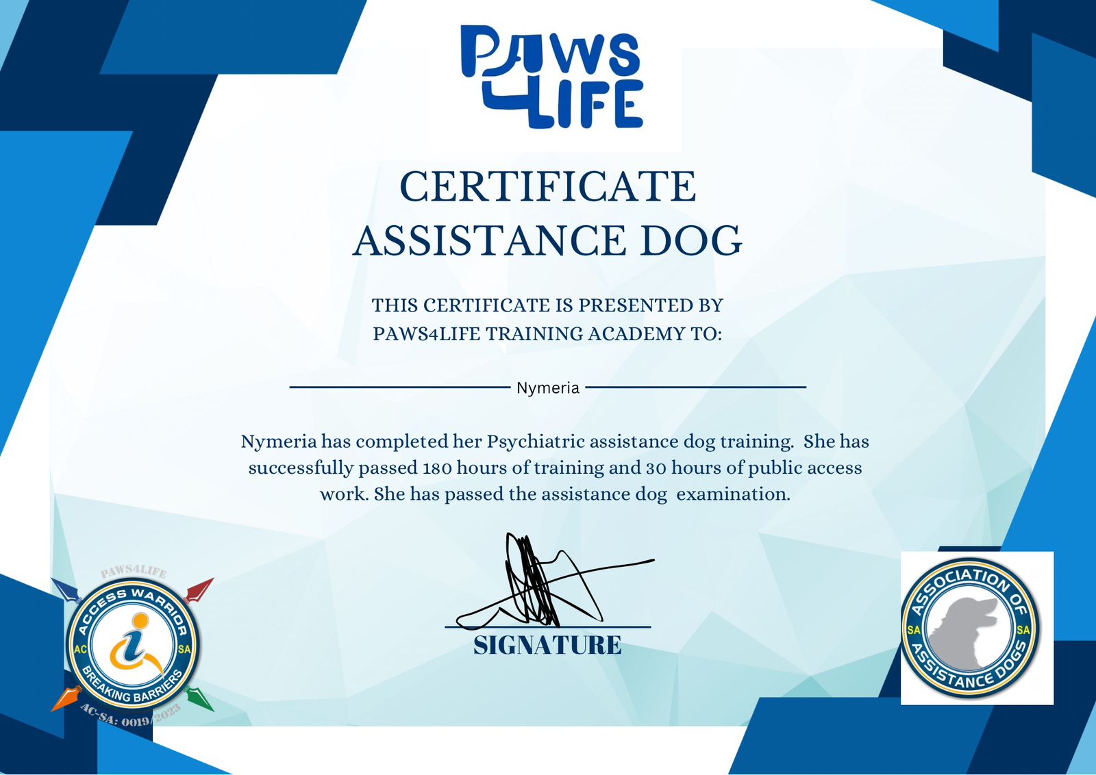 Service Dog certificate